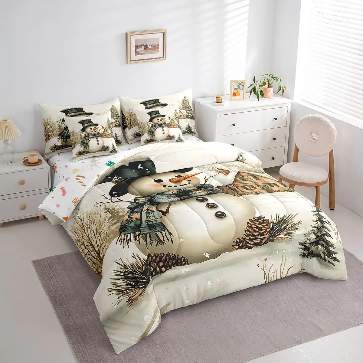Winter Farmhouse Style Comforter Set Bed in a Bag 7 Pieces Full,Cartoon 3D Snowman Rustic Pinecone Bedding Set,Merry Christmas (Comforter Fitted Flat Sheet 2 Pillowcases 2 Throw Pillow Covers)