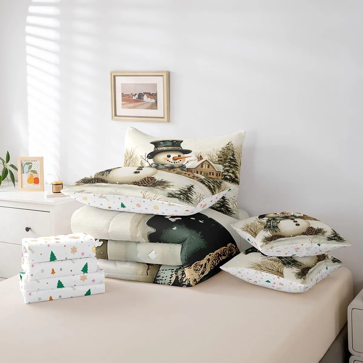 Winter Farmhouse Style Comforter Set Bed in a Bag 7 Pieces Full,Cartoon 3D Snowman Rustic Pinecone Bedding Set,Merry Christmas (Comforter Fitted Flat Sheet 2 Pillowcases 2 Throw Pillow Covers)