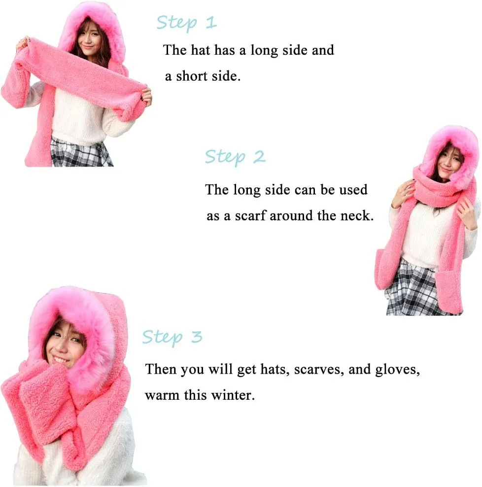 Winter Warm Women Hoodie Hat/Scarf/Gloves Set Soft Plush Thick Warm Hat