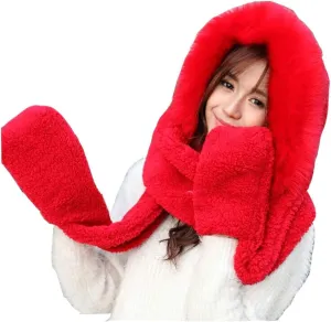 Winter Warm Women Hoodie Hat/Scarf/Gloves Set Soft Plush Thick Warm Hat