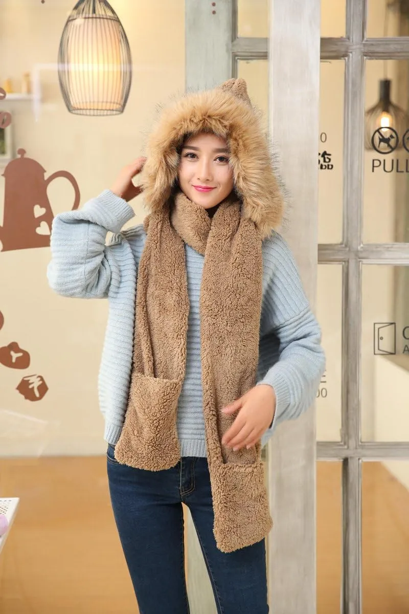 Winter Warm Women Hoodie Hat/Scarf/Gloves Set Soft Plush Thick Warm Hat