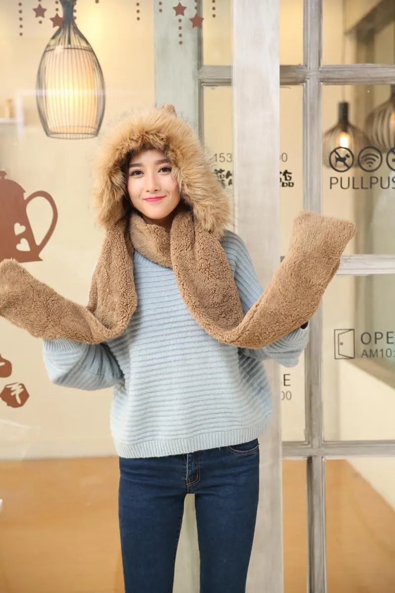 Winter Warm Women Hoodie Hat/Scarf/Gloves Set Soft Plush Thick Warm Hat