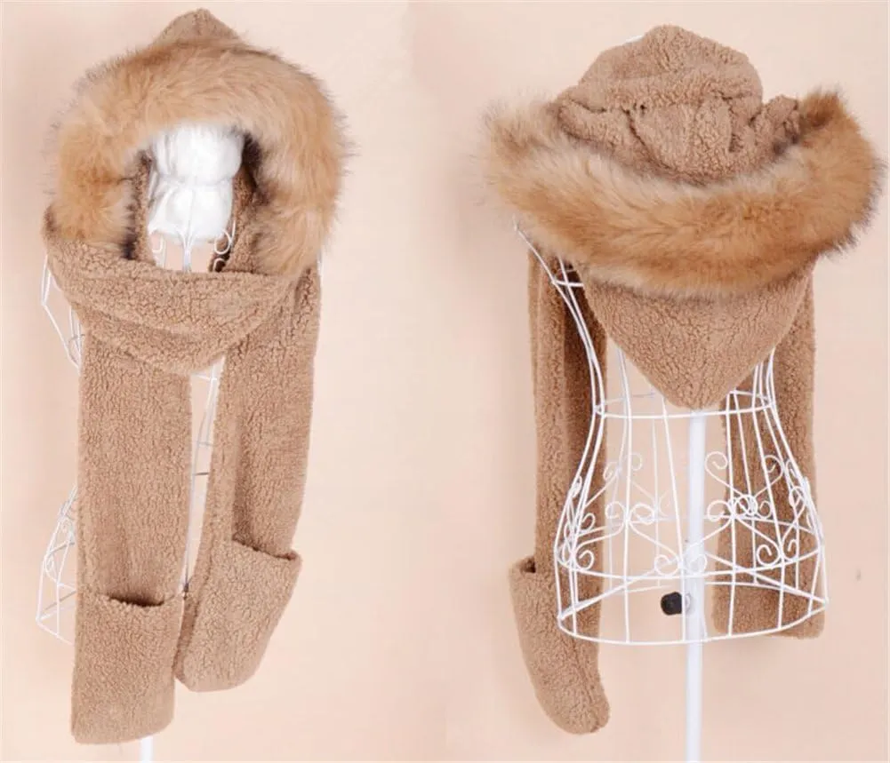 Winter Warm Women Hoodie Hat/Scarf/Gloves Set Soft Plush Thick Warm Hat