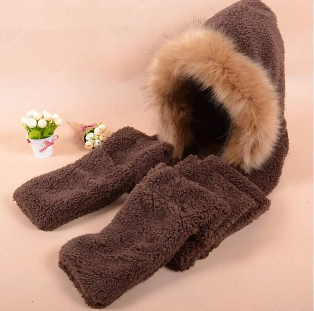 Winter Warm Women Hoodie Hat/Scarf/Gloves Set Soft Plush Thick Warm Hat