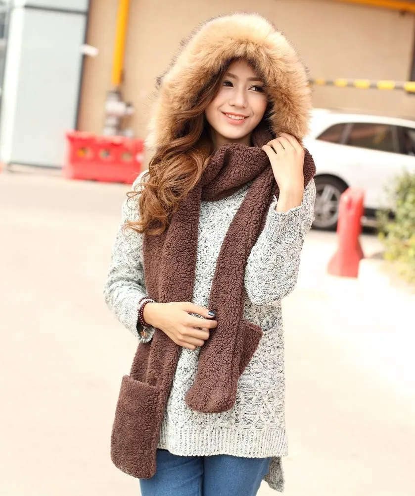 Winter Warm Women Hoodie Hat/Scarf/Gloves Set Soft Plush Thick Warm Hat
