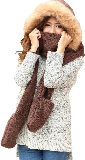 Winter Warm Women Hoodie Hat/Scarf/Gloves Set Soft Plush Thick Warm Hat
