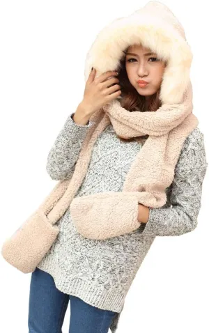 Winter Warm Women Hoodie Hat/Scarf/Gloves Set Soft Plush Thick Warm Hat