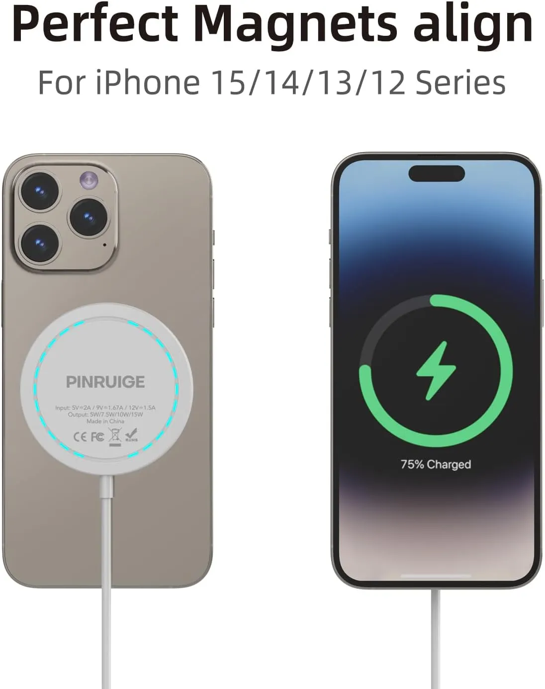Wireless Charger, 15W Max Fast Magnetic Wireless Charging Pad Compatible with iPhone 15/14/13/12 Series, AirPods Pro 2 with AC Adapter White