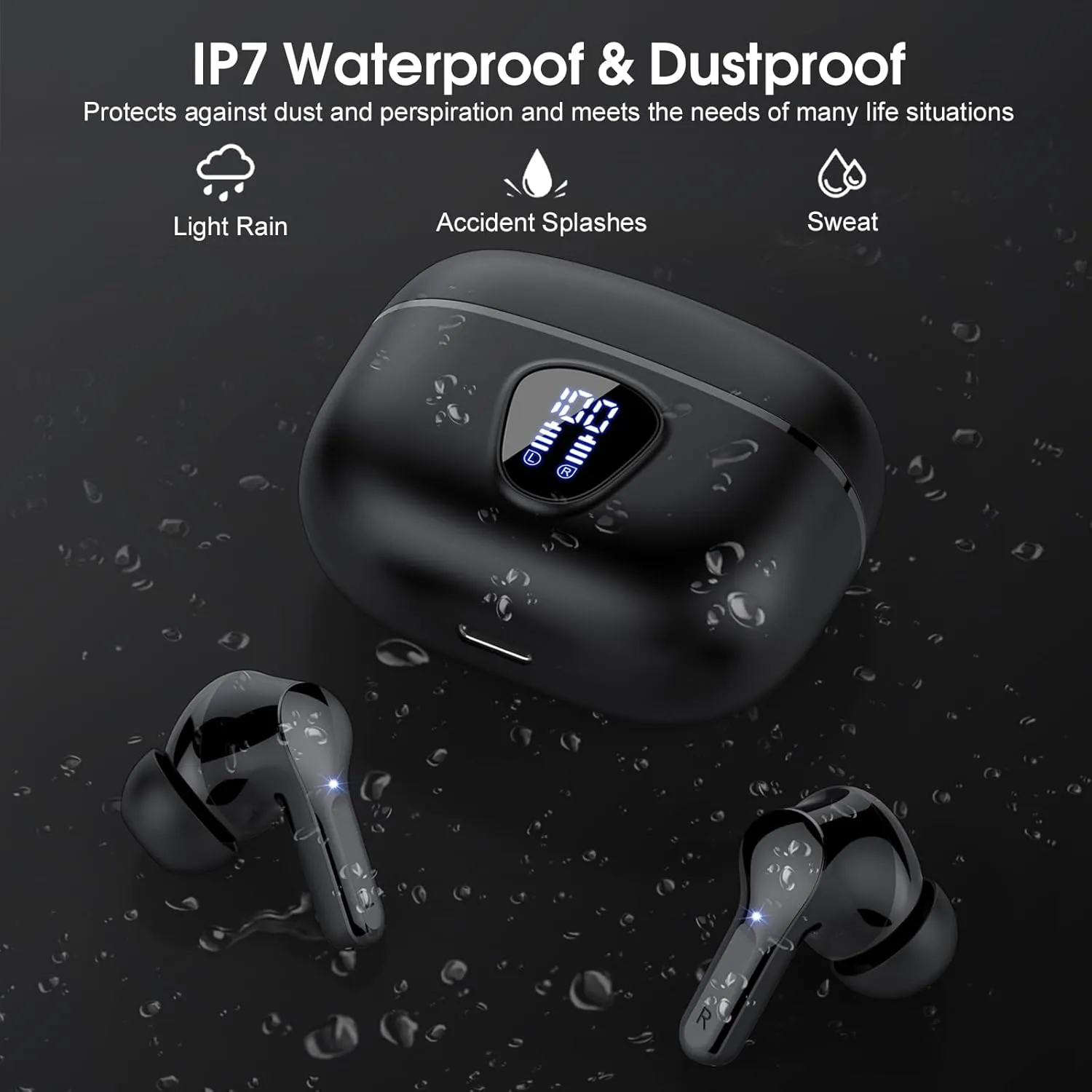 Wireless Earbuds, Bluetooth 5.4 Headphones HiFi Stereo, Bluetooth Earbuds with ENC Noise Cancelling Mic, IP7 Waterproof in Ear Earphones, 48H, LED Display Ear buds for Pad Workout Sports, Black