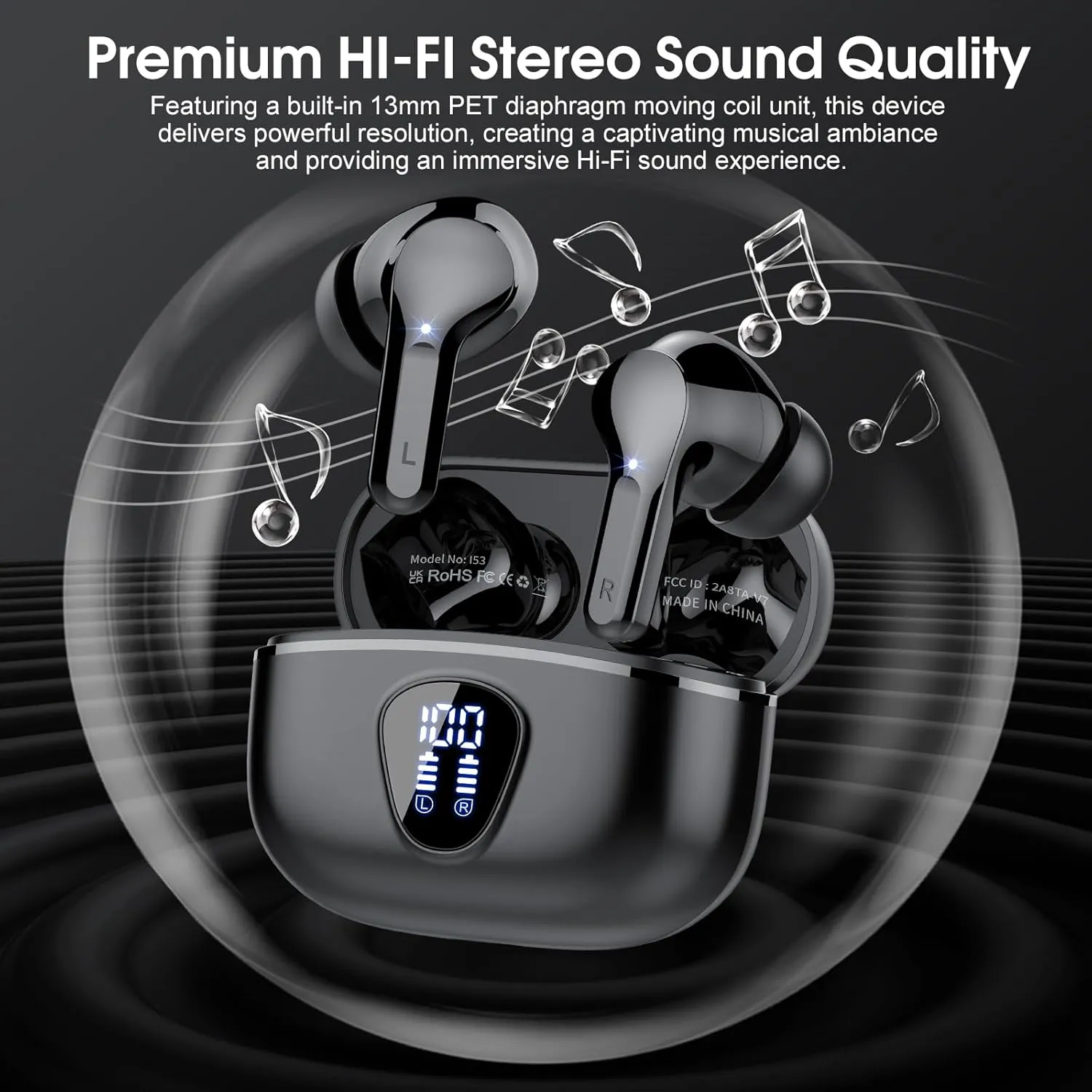 Wireless Earbuds, Bluetooth 5.4 Headphones HiFi Stereo, Bluetooth Earbuds with ENC Noise Cancelling Mic, IP7 Waterproof in Ear Earphones, 48H, LED Display Ear buds for Pad Workout Sports, Black