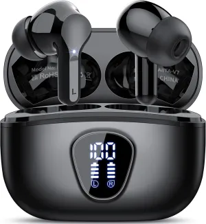 Wireless Earbuds, Bluetooth 5.4 Headphones HiFi Stereo, Bluetooth Earbuds with ENC Noise Cancelling Mic, IP7 Waterproof in Ear Earphones, 48H, LED Display Ear buds for Pad Workout Sports, Black