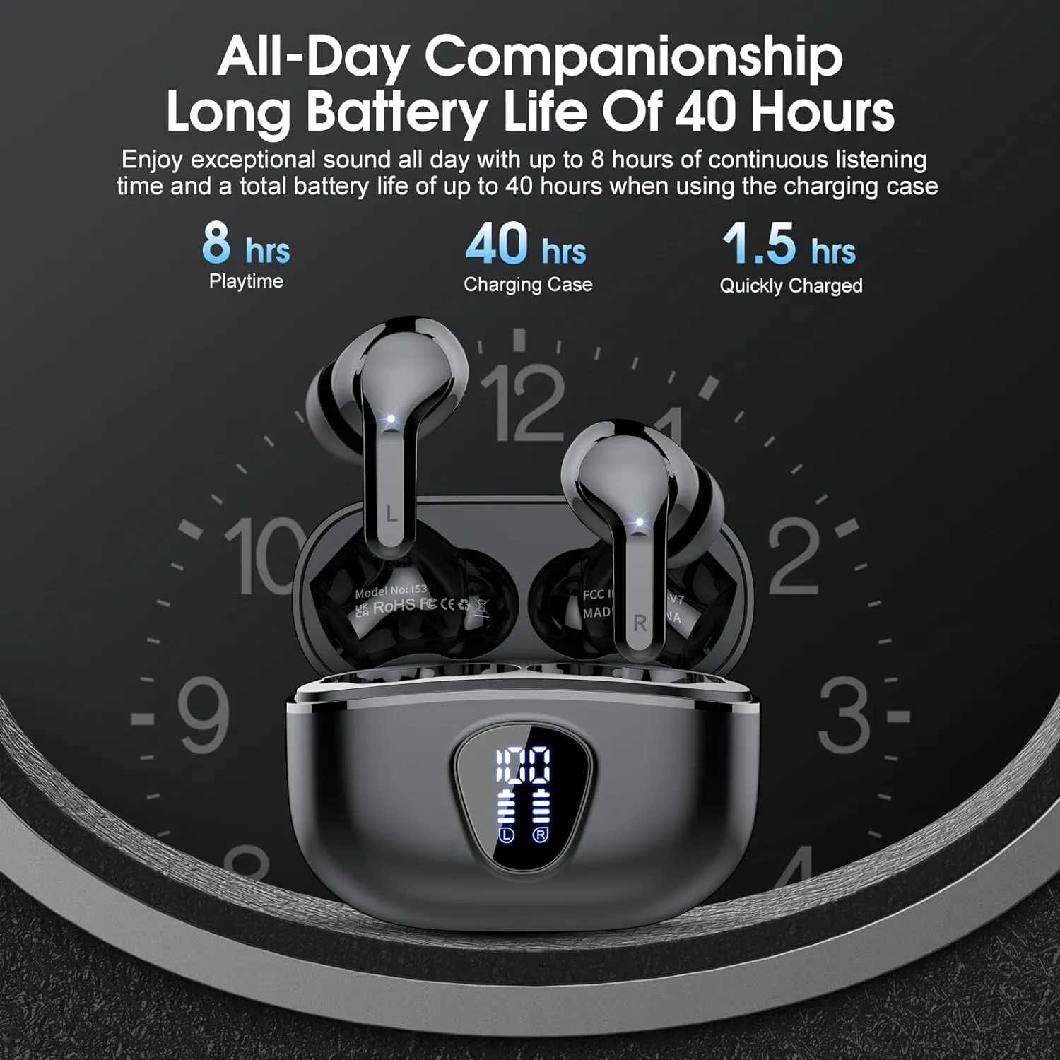Wireless Earbuds, Bluetooth 5.4 Headphones HiFi Stereo, Bluetooth Earbuds with ENC Noise Cancelling Mic, IP7 Waterproof in Ear Earphones, 48H, LED Display Ear buds for Pad Workout Sports, Black