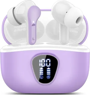 Wireless Earbuds, Bluetooth 5.4 Headphones HiFi Stereo, Bluetooth Earbuds with ENC Noise Cancelling Mic, IP7 Waterproof in Ear Earphones, 48H, LED Display Ear buds for Pad Workout Sports, Purple