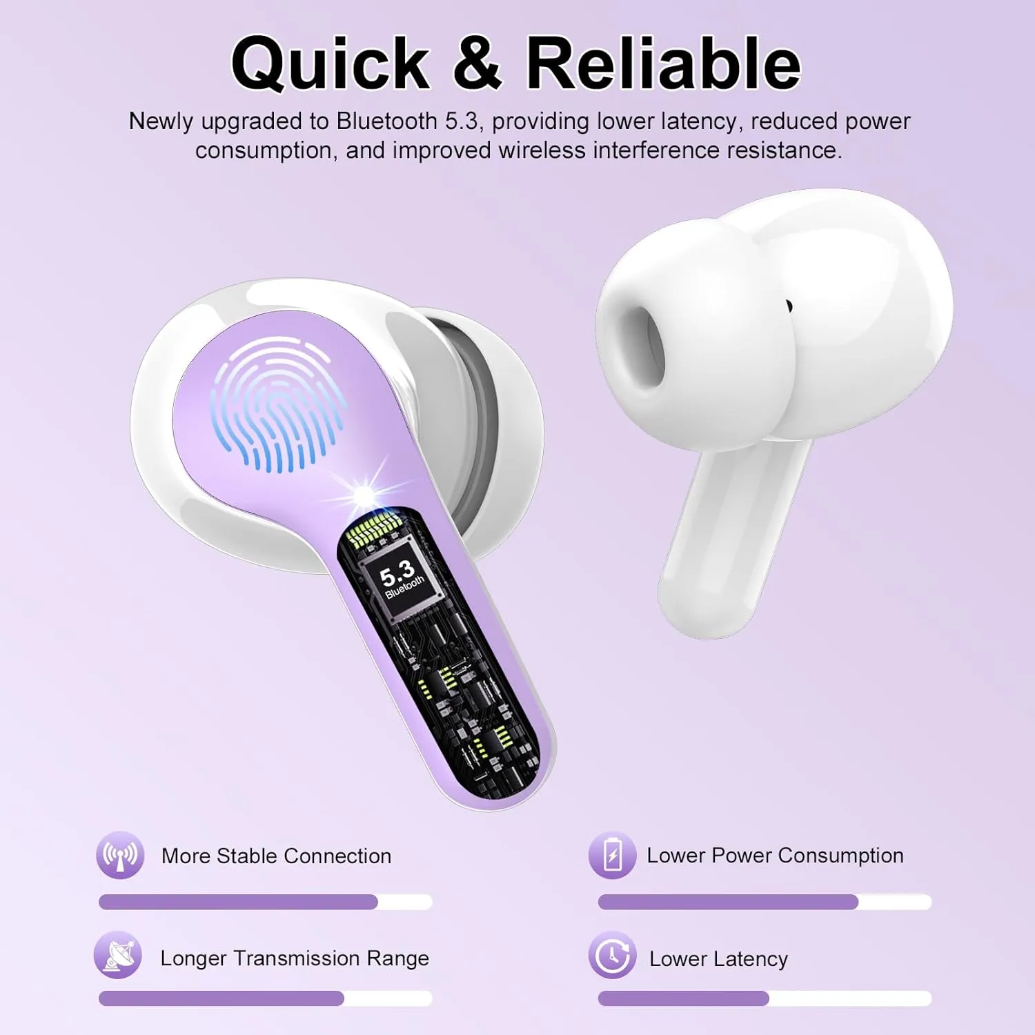 Wireless Earbuds, Bluetooth 5.4 Headphones HiFi Stereo, Bluetooth Earbuds with ENC Noise Cancelling Mic, IP7 Waterproof in Ear Earphones, 48H, LED Display Ear buds for Pad Workout Sports, Purple