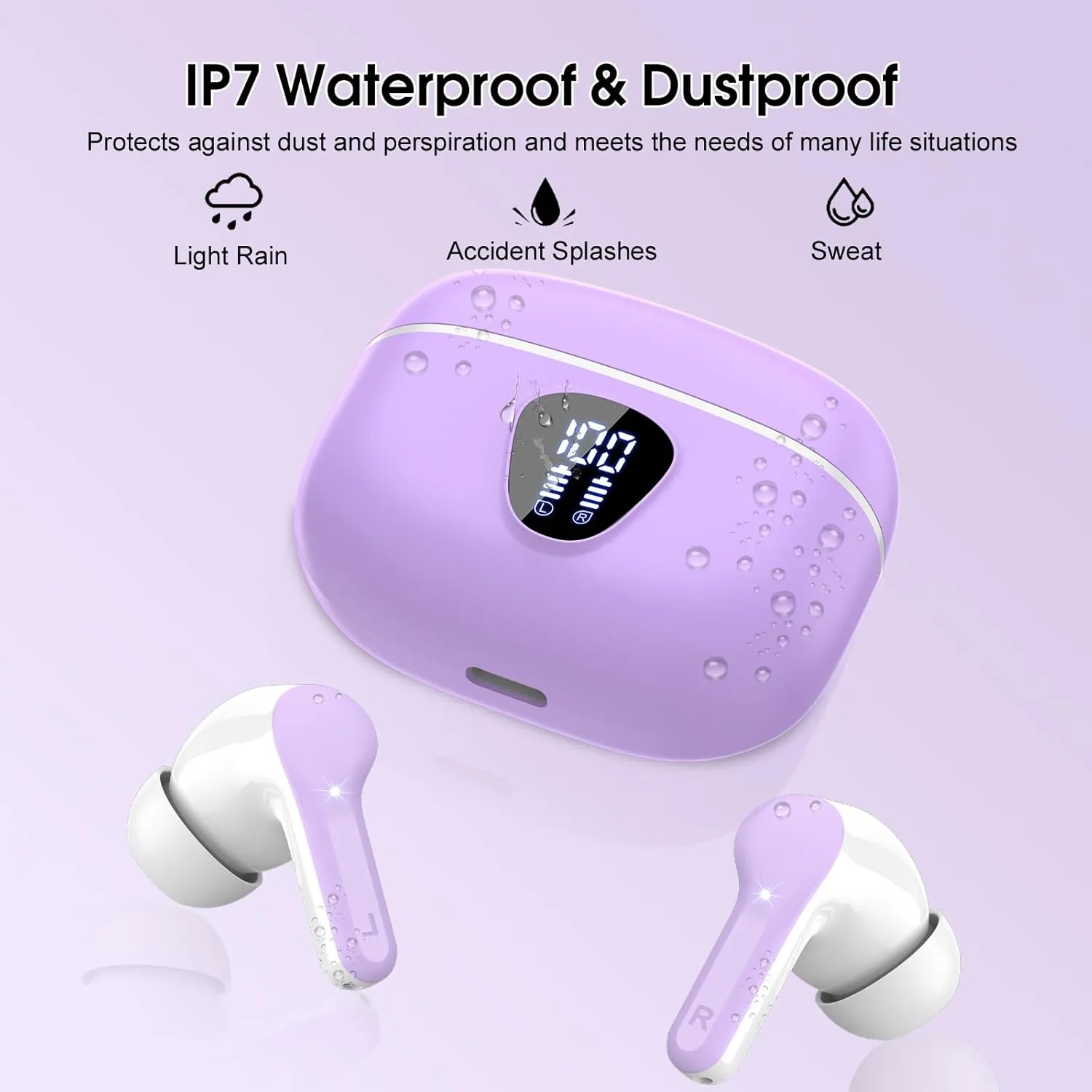 Wireless Earbuds, Bluetooth 5.4 Headphones HiFi Stereo, Bluetooth Earbuds with ENC Noise Cancelling Mic, IP7 Waterproof in Ear Earphones, 48H, LED Display Ear buds for Pad Workout Sports, Purple