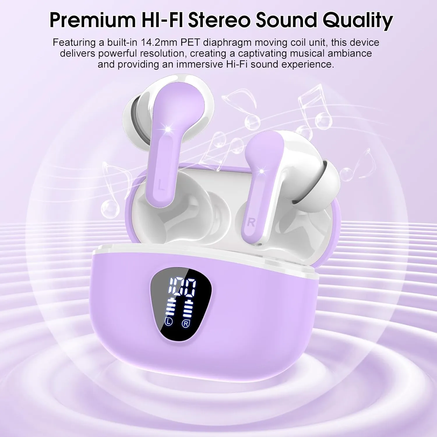 Wireless Earbuds, Bluetooth 5.4 Headphones HiFi Stereo, Bluetooth Earbuds with ENC Noise Cancelling Mic, IP7 Waterproof in Ear Earphones, 48H, LED Display Ear buds for Pad Workout Sports, Purple