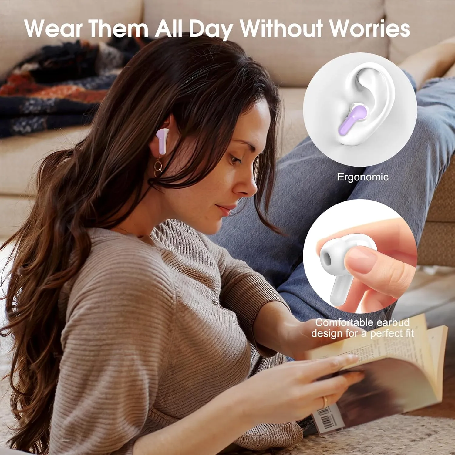Wireless Earbuds, Bluetooth 5.4 Headphones HiFi Stereo, Bluetooth Earbuds with ENC Noise Cancelling Mic, IP7 Waterproof in Ear Earphones, 48H, LED Display Ear buds for Pad Workout Sports, Purple