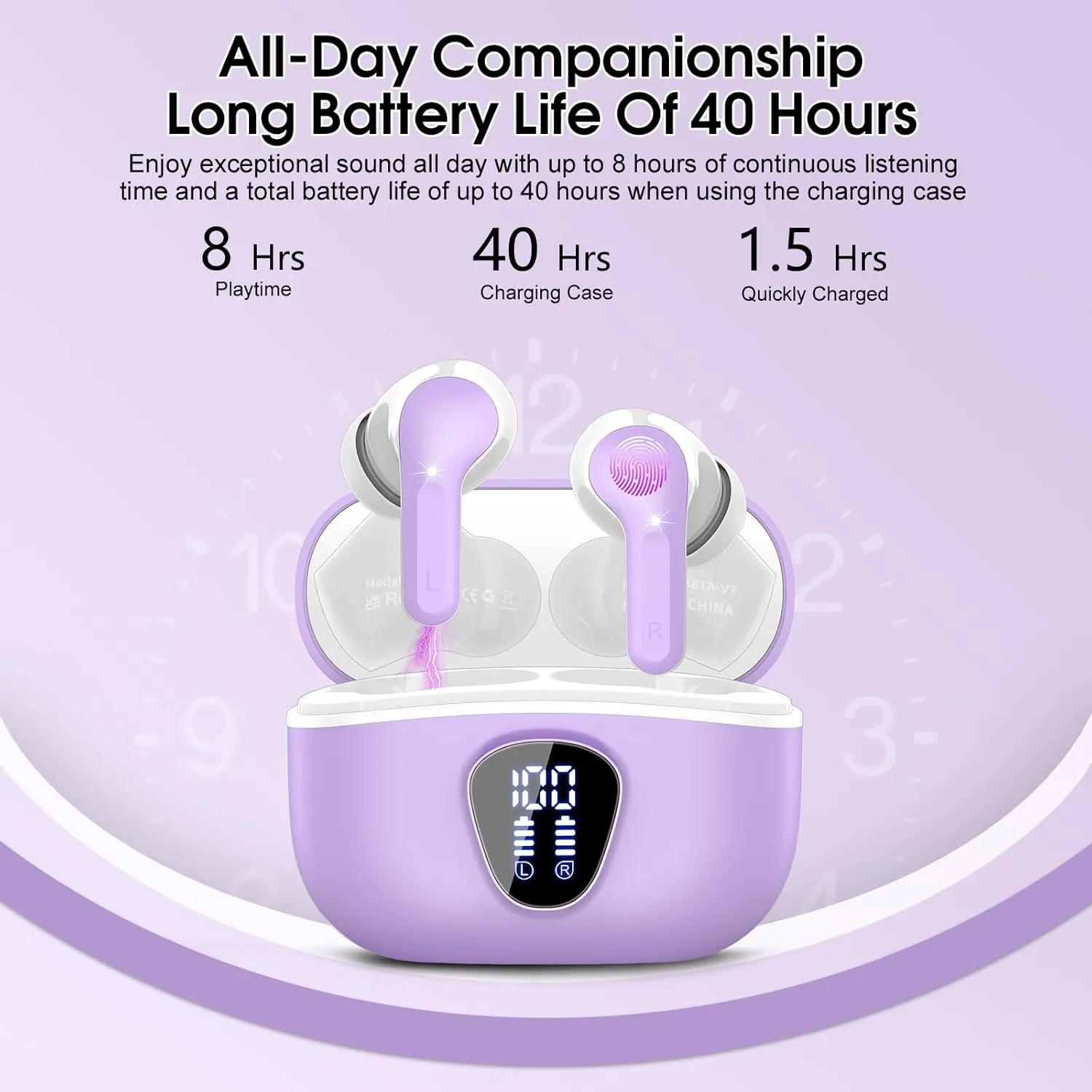 Wireless Earbuds, Bluetooth 5.4 Headphones HiFi Stereo, Bluetooth Earbuds with ENC Noise Cancelling Mic, IP7 Waterproof in Ear Earphones, 48H, LED Display Ear buds for Pad Workout Sports, Purple