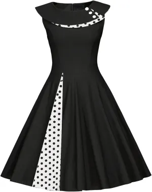 Women 50s 60s Vintage Sleeveless Polka Dot Cocktail Swing Dress Retro Audrey Hepburn Patchwork Midi Evening Rockabilly Dress