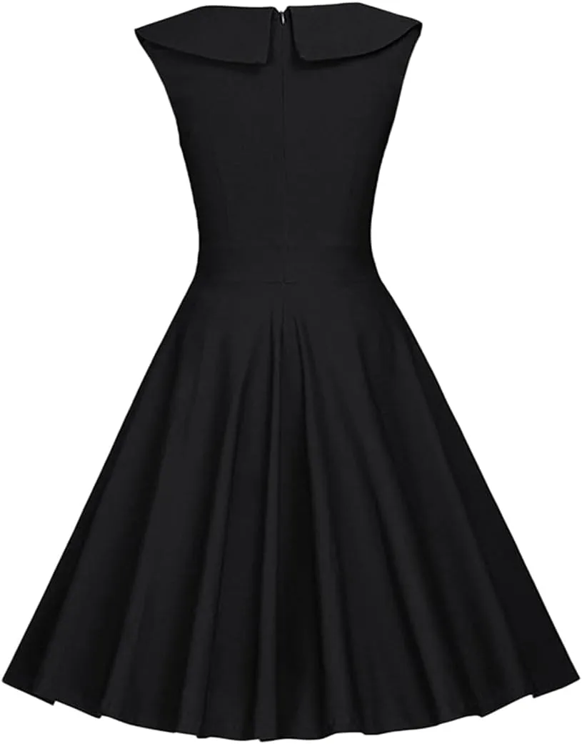Women 50s 60s Vintage Sleeveless Polka Dot Cocktail Swing Dress Retro Audrey Hepburn Patchwork Midi Evening Rockabilly Dress