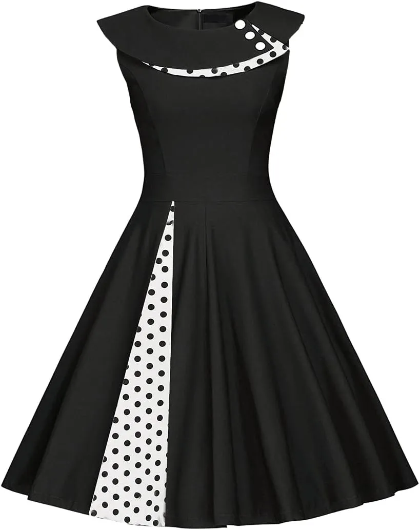 Women 50s 60s Vintage Sleeveless Polka Dot Cocktail Swing Dress Retro Audrey Hepburn Patchwork Midi Evening Rockabilly Dress
