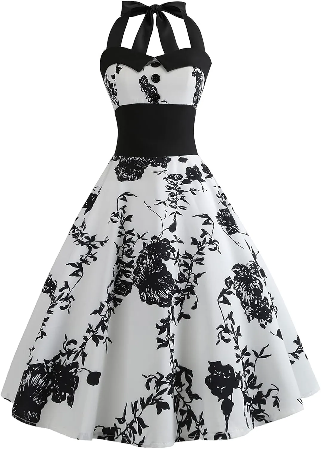 Women 50s Vintage Polka Dot Halter Cocktail Swing Dress Buttons Floral 1950s Rockabilly Audrey Hepburn Prom Tea Party Dress