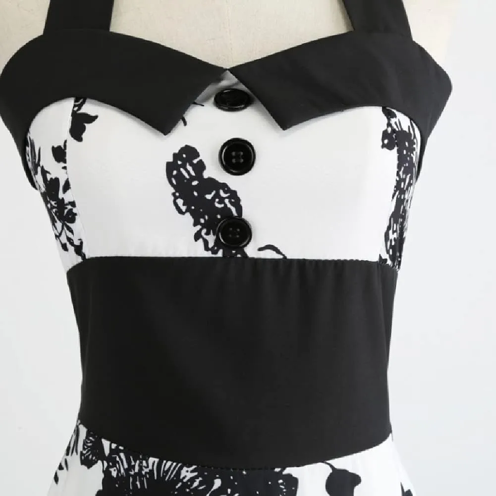 Women 50s Vintage Polka Dot Halter Cocktail Swing Dress Buttons Floral 1950s Rockabilly Audrey Hepburn Prom Tea Party Dress