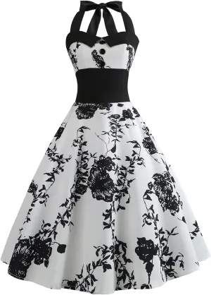 Women 50s Vintage Polka Dot Halter Cocktail Swing Dress Buttons Floral 1950s Rockabilly Audrey Hepburn Prom Tea Party Dress