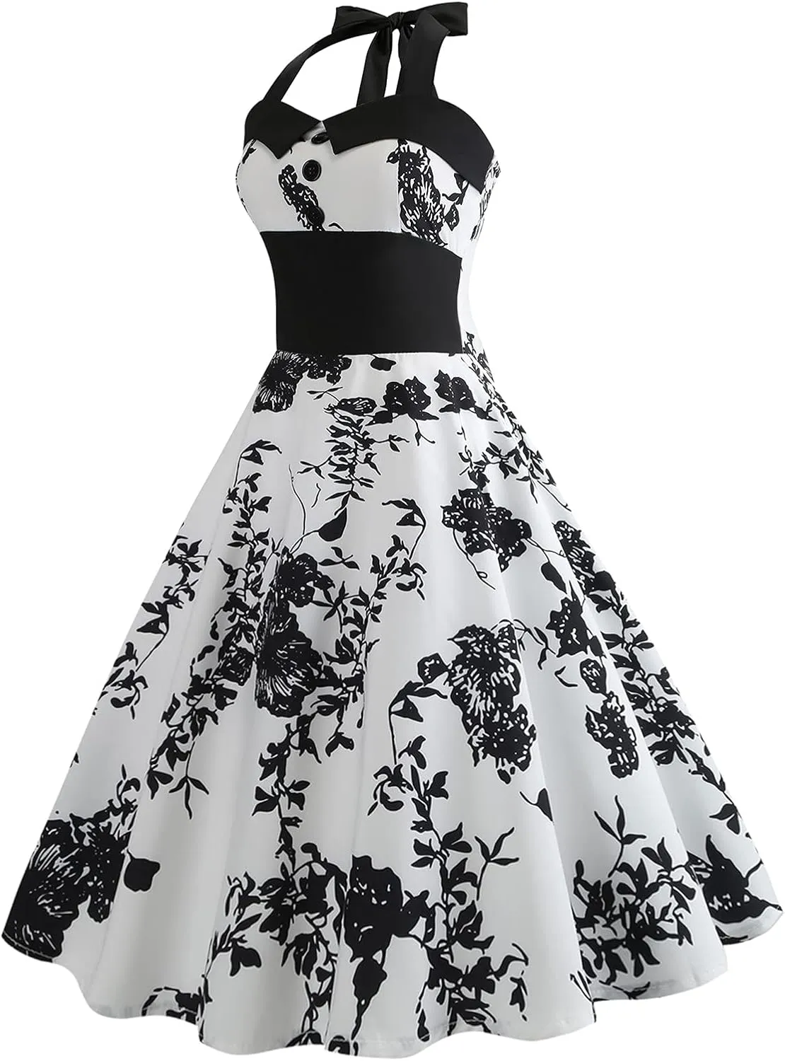 Women 50s Vintage Polka Dot Halter Cocktail Swing Dress Buttons Floral 1950s Rockabilly Audrey Hepburn Prom Tea Party Dress