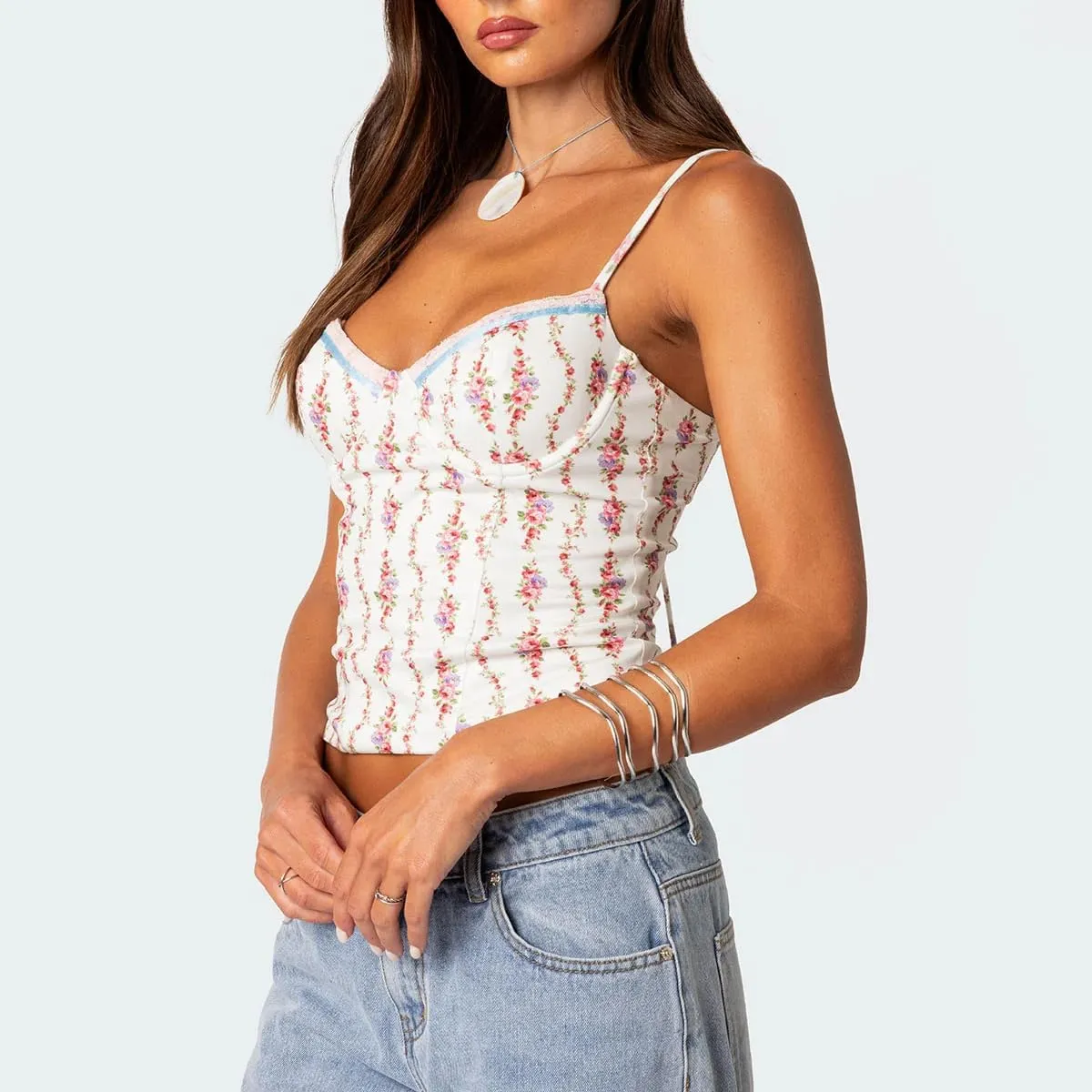 Women Cute Floral Tank Tops Y2k Sleeveless Backless Spaghetti Strap Top Summer V Neck Mini Vest Retro 00s Camisole