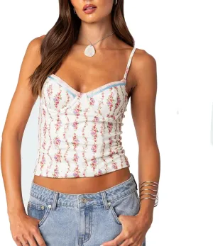 Women Cute Floral Tank Tops Y2k Sleeveless Backless Spaghetti Strap Top Summer V Neck Mini Vest Retro 00s Camisole