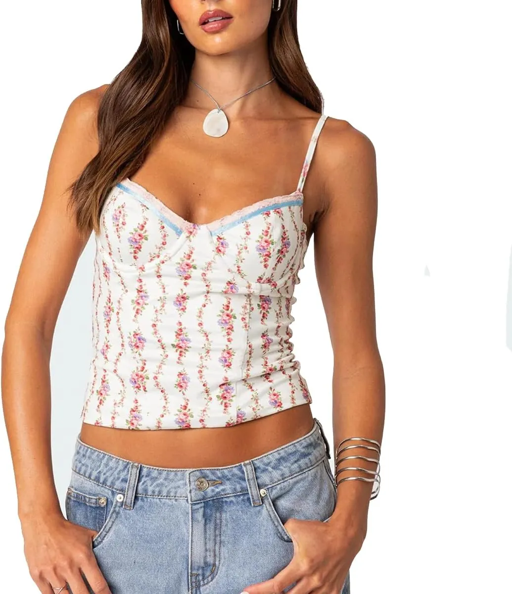 Women Cute Floral Tank Tops Y2k Sleeveless Backless Spaghetti Strap Top Summer V Neck Mini Vest Retro 00s Camisole