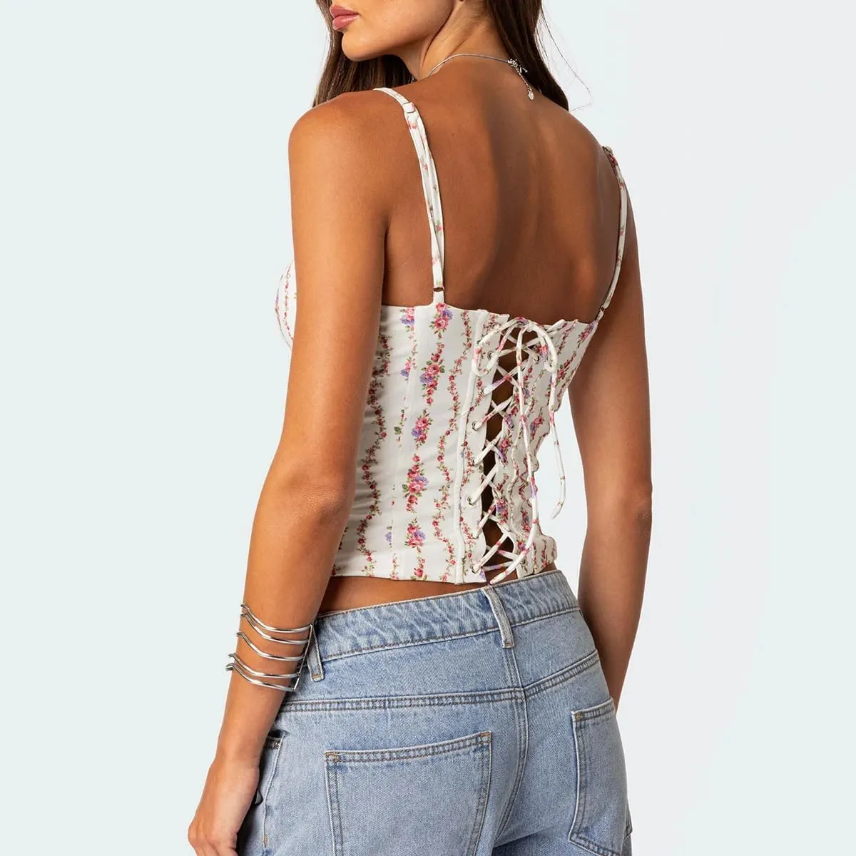 Women Cute Floral Tank Tops Y2k Sleeveless Backless Spaghetti Strap Top Summer V Neck Mini Vest Retro 00s Camisole