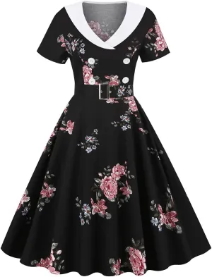 Women Double Breasted Notch Lapel 50s Vintage Short Sleeve Cocktail Swing Dress Polka Dot 1950s Rockabilly Prom Midi Dress