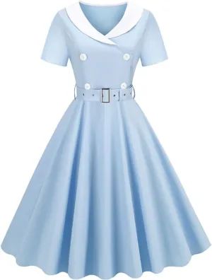 Women Double Breasted Notch Lapel 50s Vintage Short Sleeve Cocktail Swing Dress Polka Dot 1950s Rockabilly Prom Midi Dress