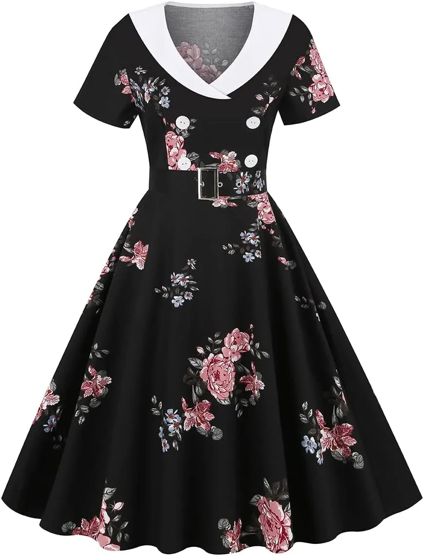 Women Double Breasted Notch Lapel 50s Vintage Short Sleeve Cocktail Swing Dress Polka Dot 1950s Rockabilly Prom Midi Dress
