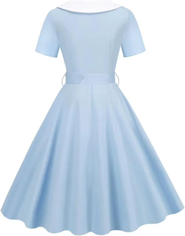 Women Double Breasted Notch Lapel 50s Vintage Short Sleeve Cocktail Swing Dress Polka Dot 1950s Rockabilly Prom Midi Dress