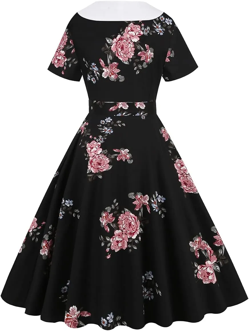 Women Double Breasted Notch Lapel 50s Vintage Short Sleeve Cocktail Swing Dress Polka Dot 1950s Rockabilly Prom Midi Dress
