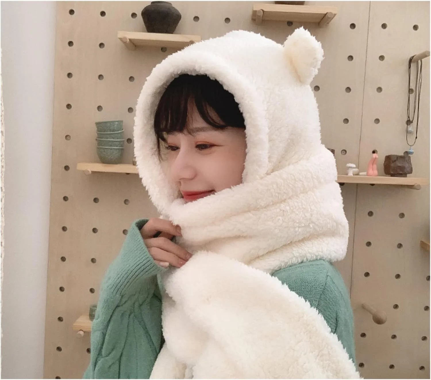 Women Kawaii Bear Ear Beanie Hat Scarf 2 in 1 - Cute Winter Warm Sherpa Thicken Fleece Fuzzy Japanese Fluffy Knit Hat Cap