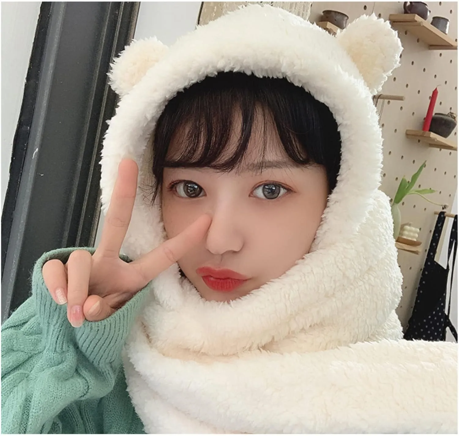 Women Kawaii Bear Ear Beanie Hat Scarf 2 in 1 - Cute Winter Warm Sherpa Thicken Fleece Fuzzy Japanese Fluffy Knit Hat Cap