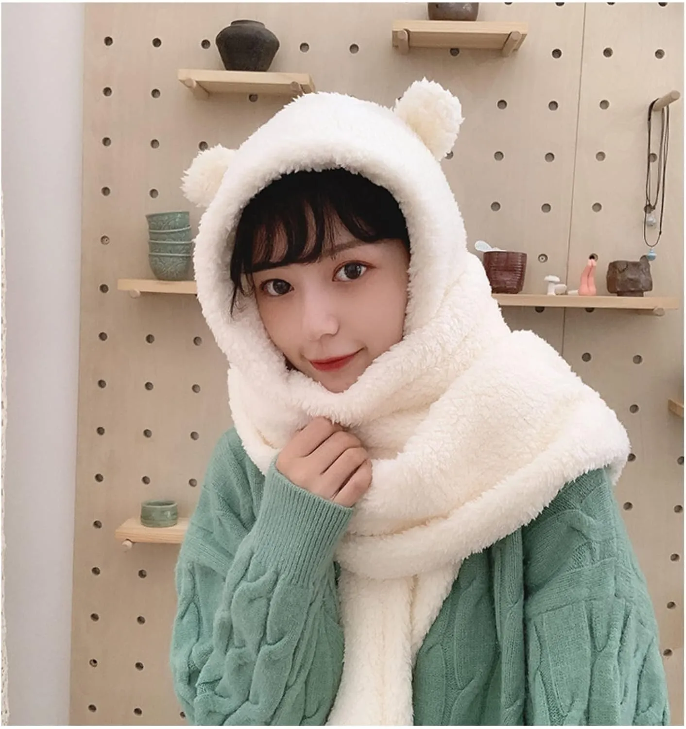 Women Kawaii Bear Ear Beanie Hat Scarf 2 in 1 - Cute Winter Warm Sherpa Thicken Fleece Fuzzy Japanese Fluffy Knit Hat Cap