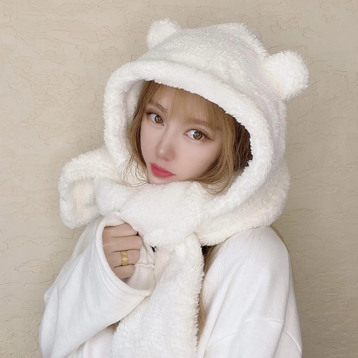 Women Kawaii Bear Ear Beanie Hat Scarf 2 in 1 - Cute Winter Warm Sherpa Thicken Fleece Fuzzy Japanese Fluffy Knit Hat Cap
