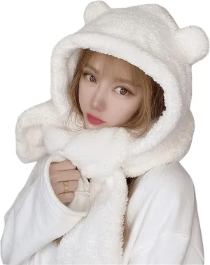Women Kawaii Bear Ear Beanie Hat Scarf 2 in 1 - Cute Winter Warm Sherpa Thicken Fleece Fuzzy Japanese Fluffy Knit Hat Cap