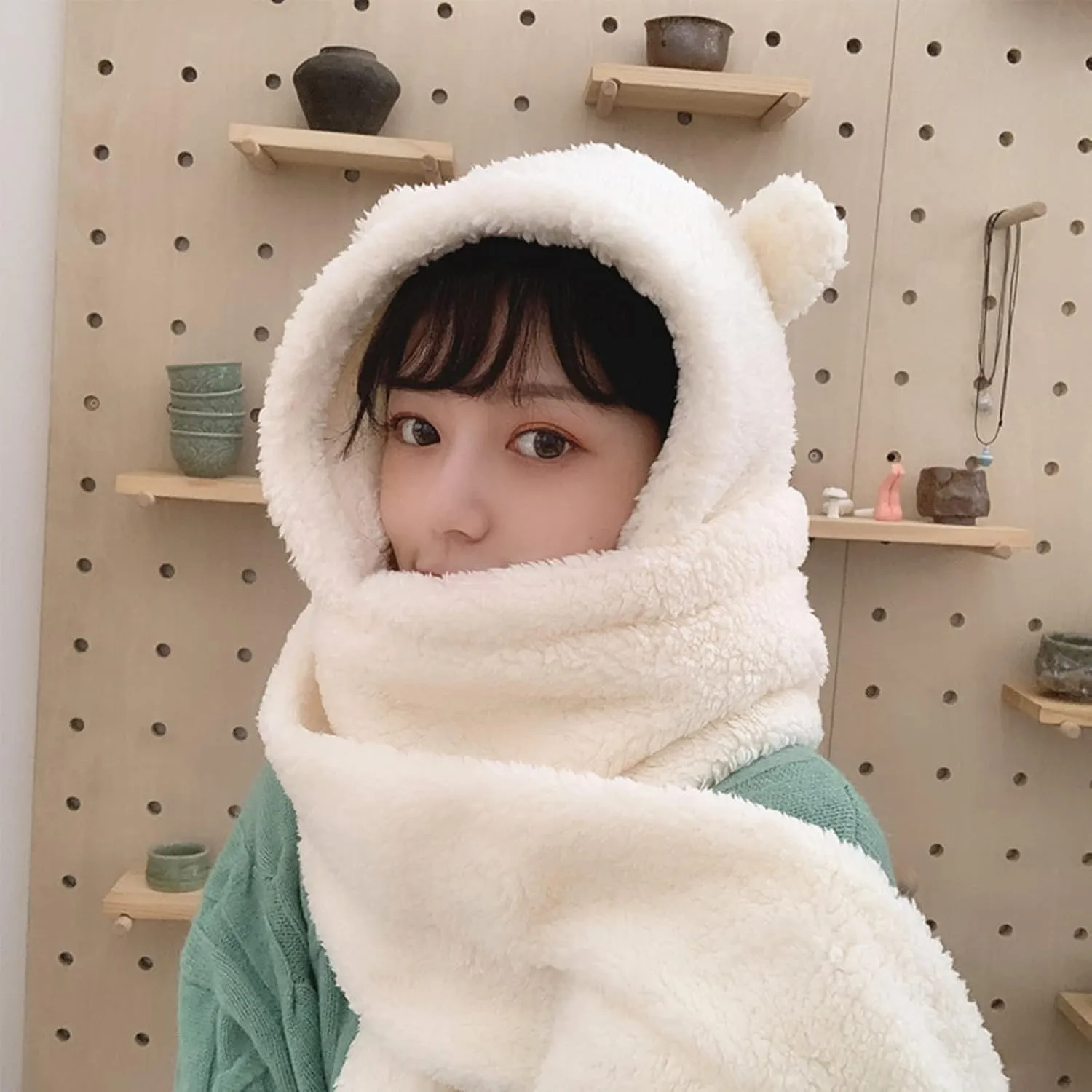 Women Kawaii Bear Ear Beanie Hat Scarf 2 in 1 - Cute Winter Warm Sherpa Thicken Fleece Fuzzy Japanese Fluffy Knit Hat Cap