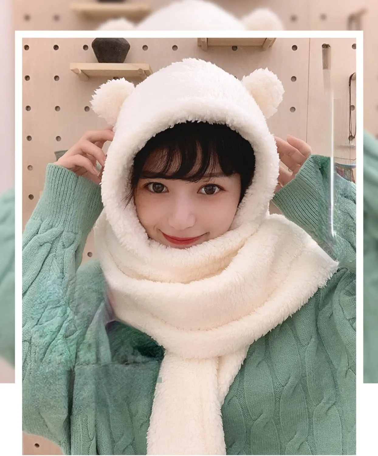 Women Kawaii Bear Ear Beanie Hat Scarf 2 in 1 - Cute Winter Warm Sherpa Thicken Fleece Fuzzy Japanese Fluffy Knit Hat Cap
