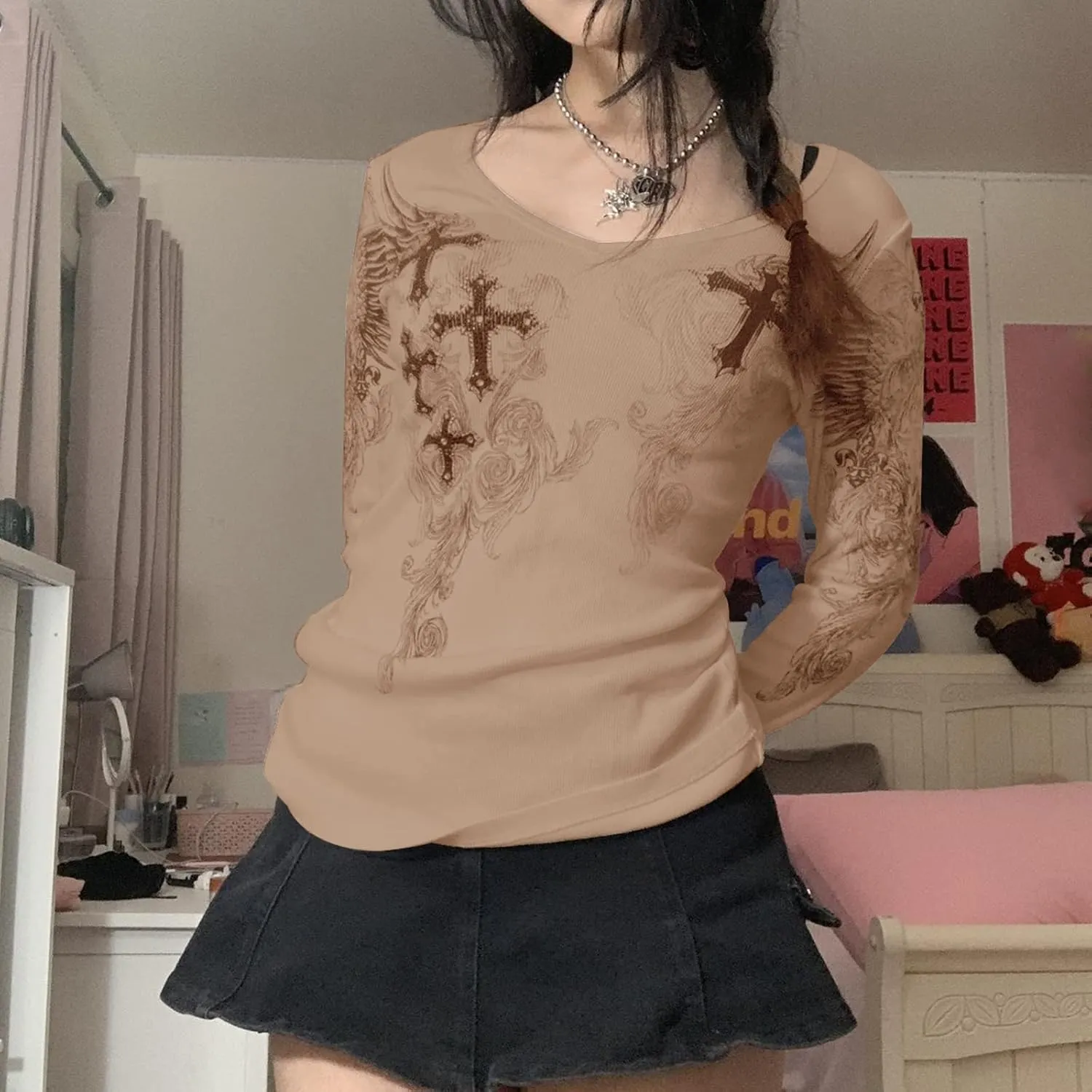 Women Teen Girls Fairy Grunge Clothes Y2k Long Sleeve Baggy Shirt Graphic Baby Tee Fall Vintage Streetwear T-Shirt