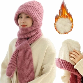 Women Balaclava Hood Scarf Hat Knitted Fleece Elastic Winter Integrated Ear Protection Windproof Cap Beanie Hat
