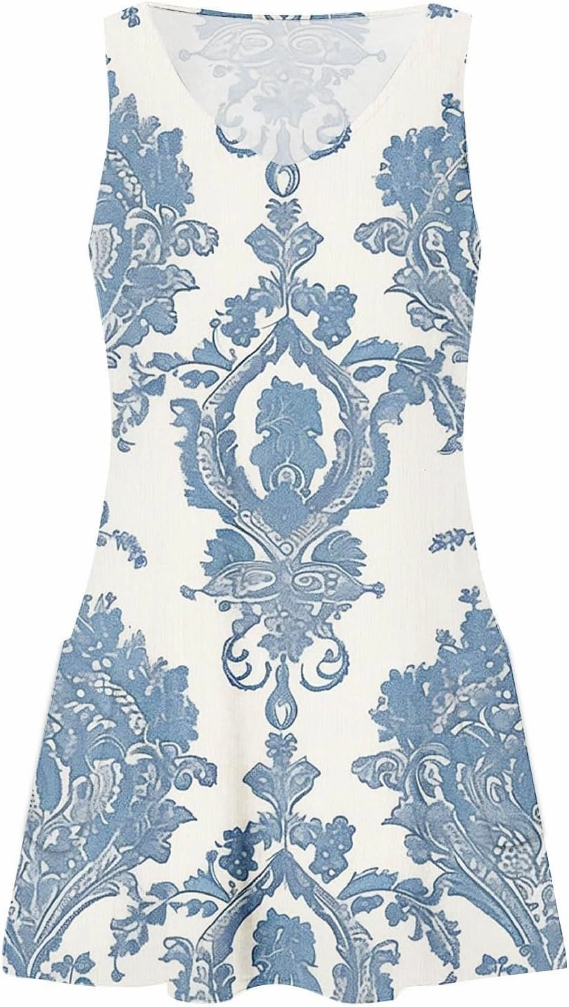 Women's Summer Casual Mini Dresses V-Neck Floral Print Beach Dress Beachwear Sleeveless Sundresses Boho Maxi Dress