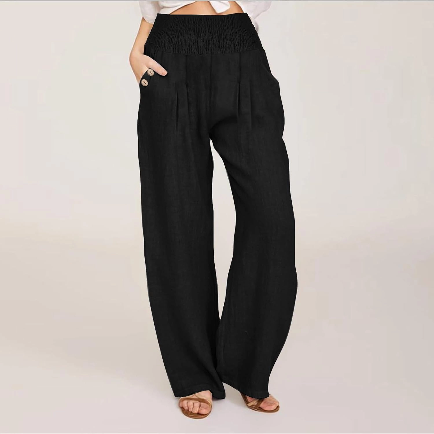 Women's Wide Leg Pants 2024 Summer Casual High Waisted Cotton Linen Pant Straight Leg Lightweight Lounge Trousers