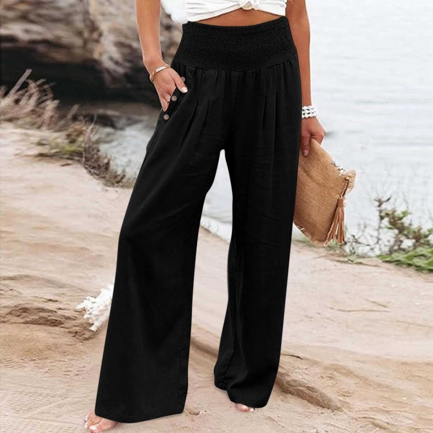 Women's Wide Leg Pants 2024 Summer Casual High Waisted Cotton Linen Pant Straight Leg Lightweight Lounge Trousers